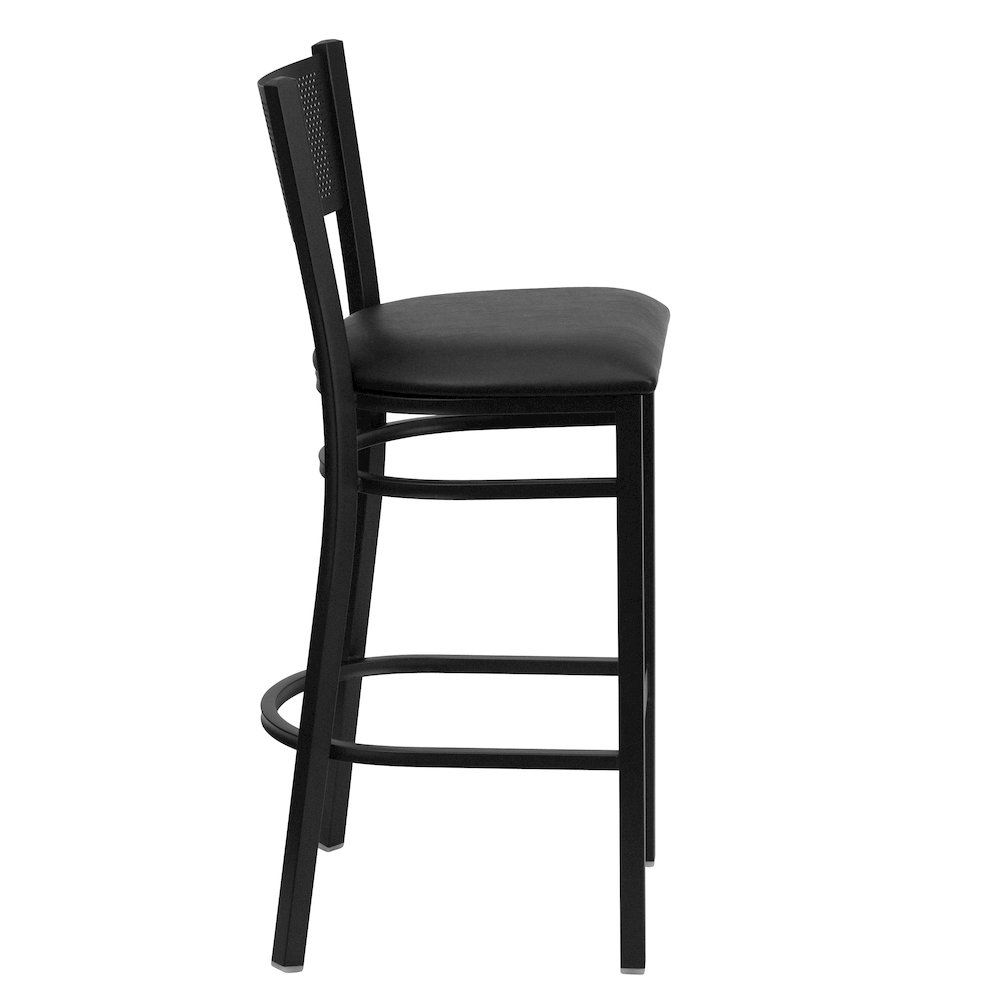 Black Grid Back Metal Restaurant Barstool - Black Vinyl Seat. Picture 7