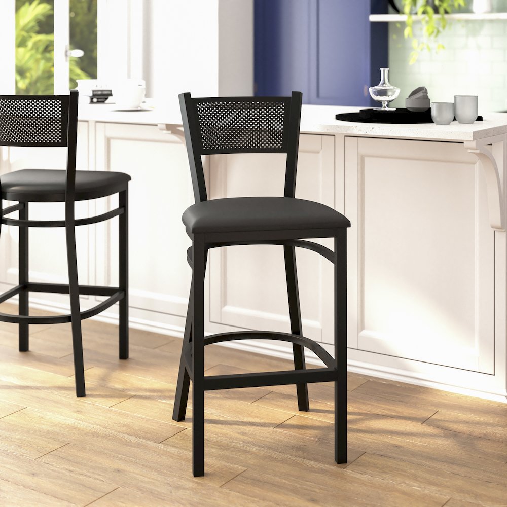 Black Grid Back Metal Restaurant Barstool - Black Vinyl Seat. Picture 2