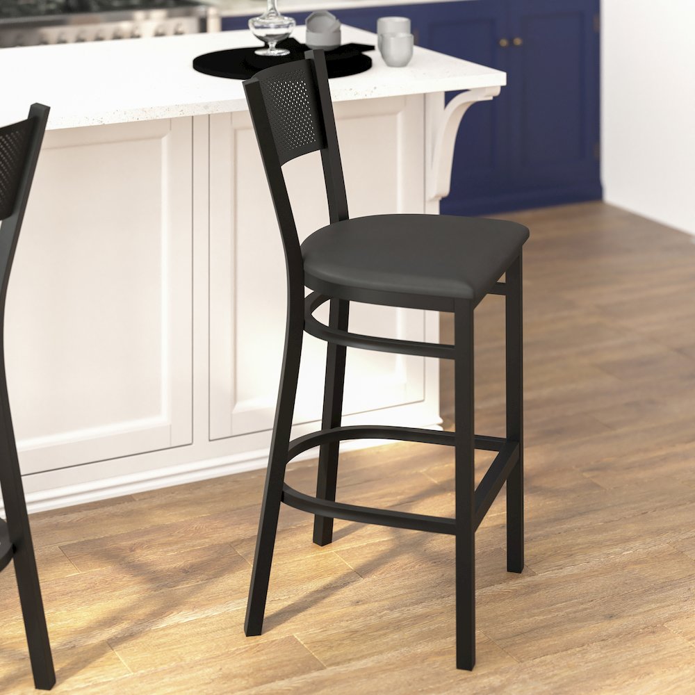 Black Grid Back Metal Restaurant Barstool - Black Vinyl Seat. Picture 4