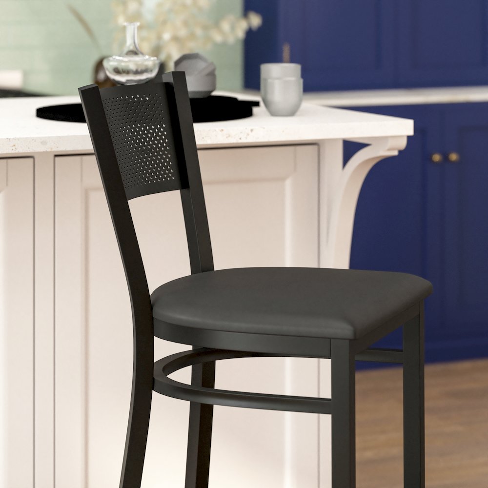 Black Grid Back Metal Restaurant Barstool - Black Vinyl Seat. Picture 5