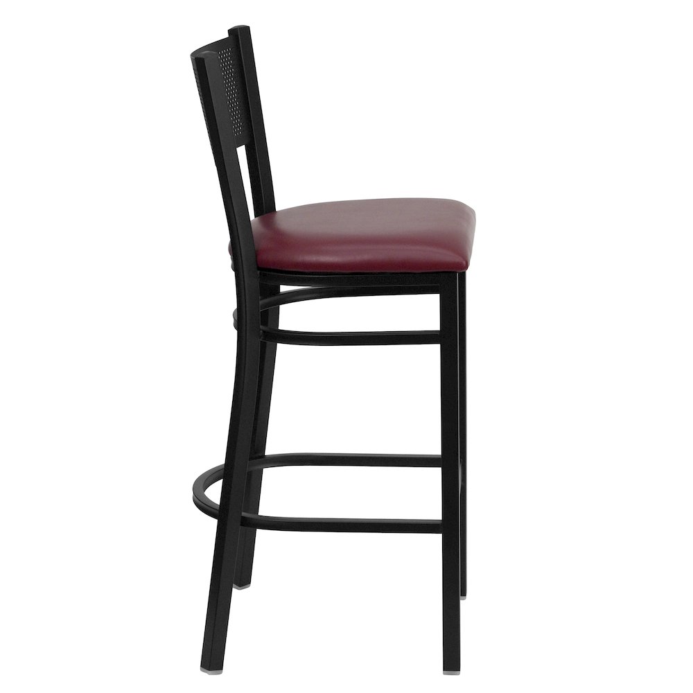 Black Grid Back Metal Restaurant Barstool - Burgundy Vinyl Seat. Picture 5