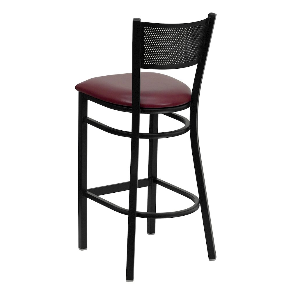 Black Grid Back Metal Restaurant Barstool - Burgundy Vinyl Seat. Picture 4