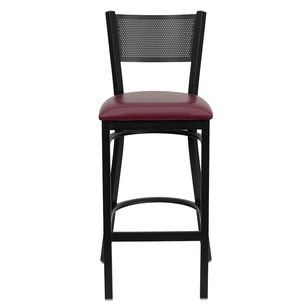 Black Grid Back Metal Restaurant Barstool - Burgundy Vinyl Seat. Picture 6