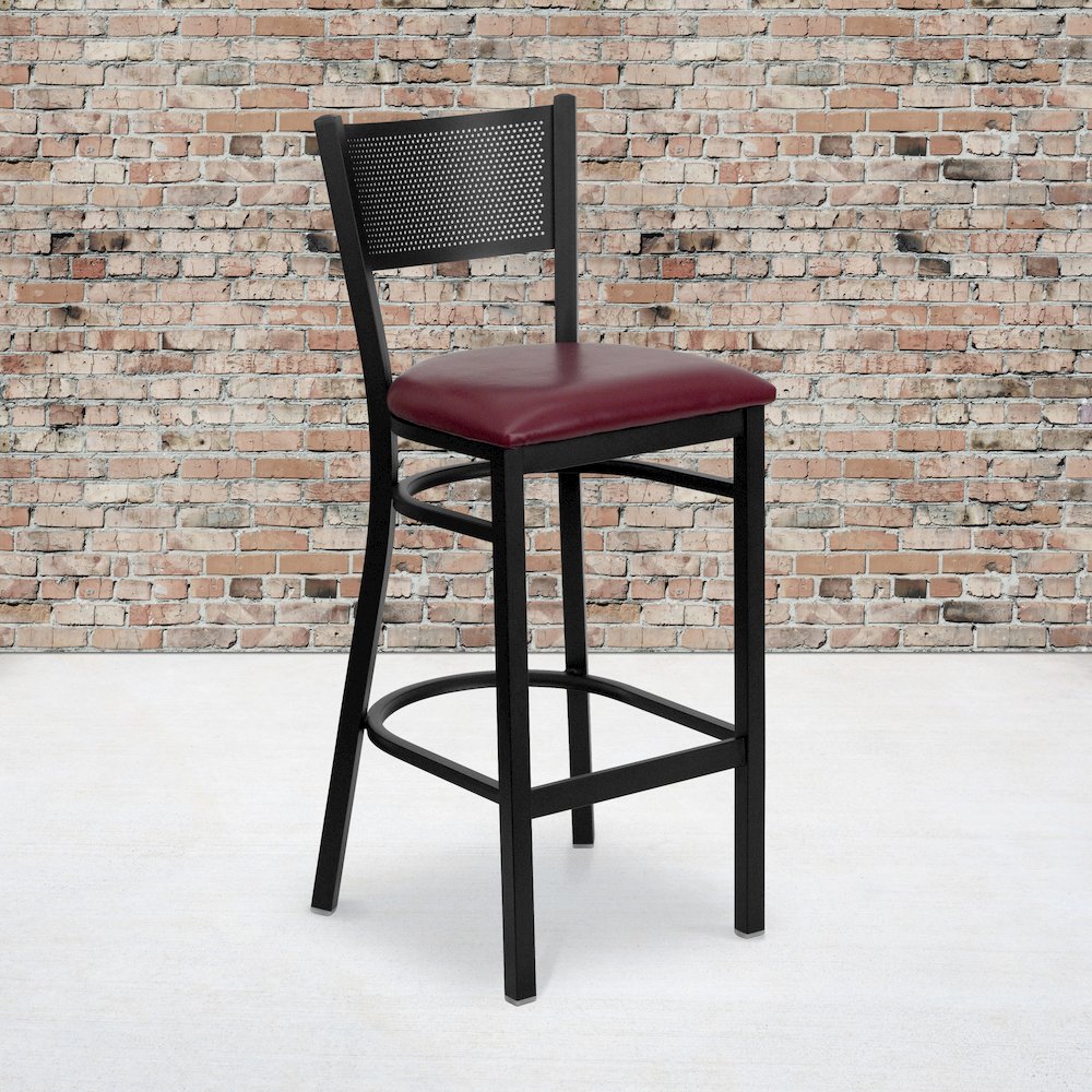 Black Grid Back Metal Restaurant Barstool - Burgundy Vinyl Seat. Picture 2