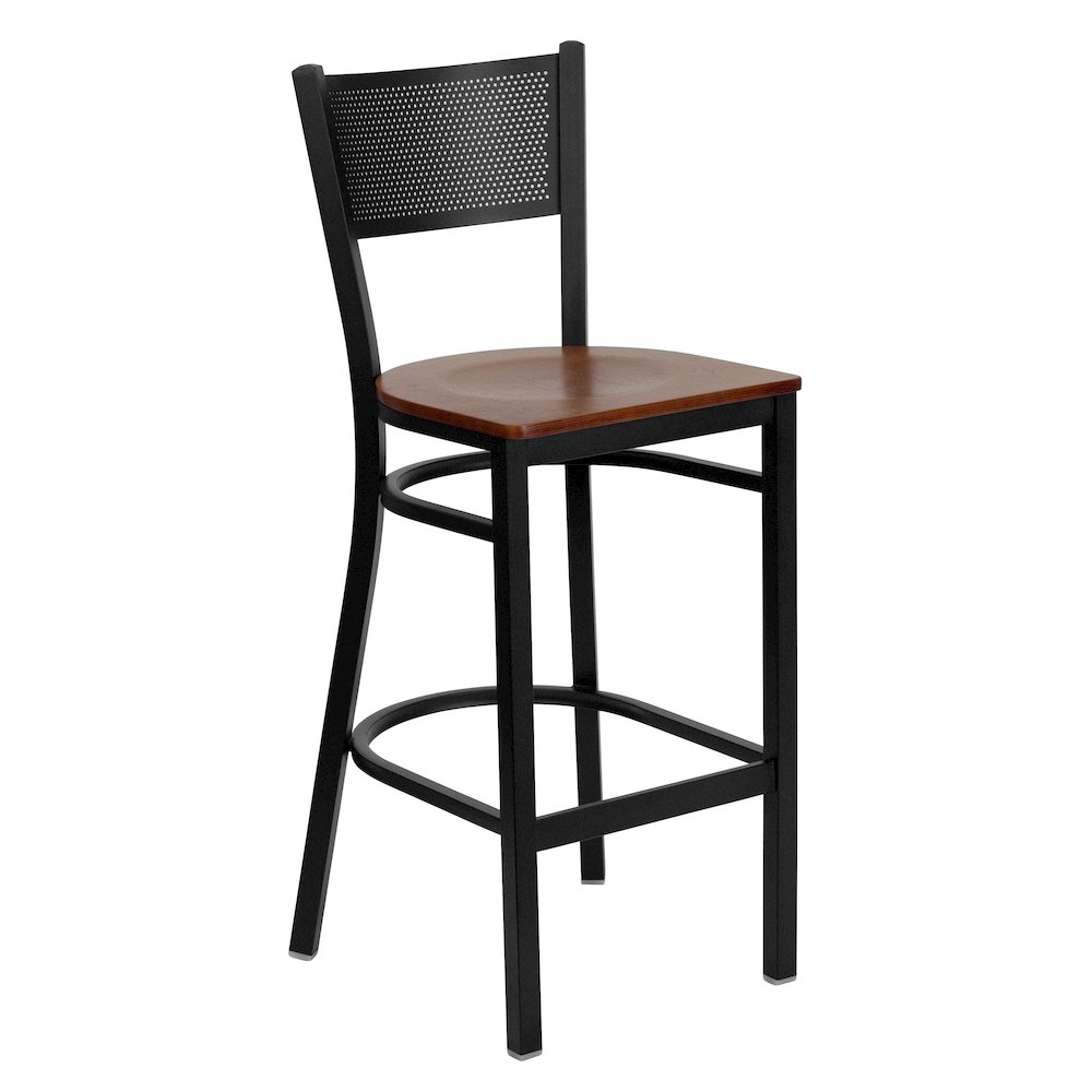 Black Grid Back Metal Restaurant Barstool - Cherry Wood Seat. Picture 1