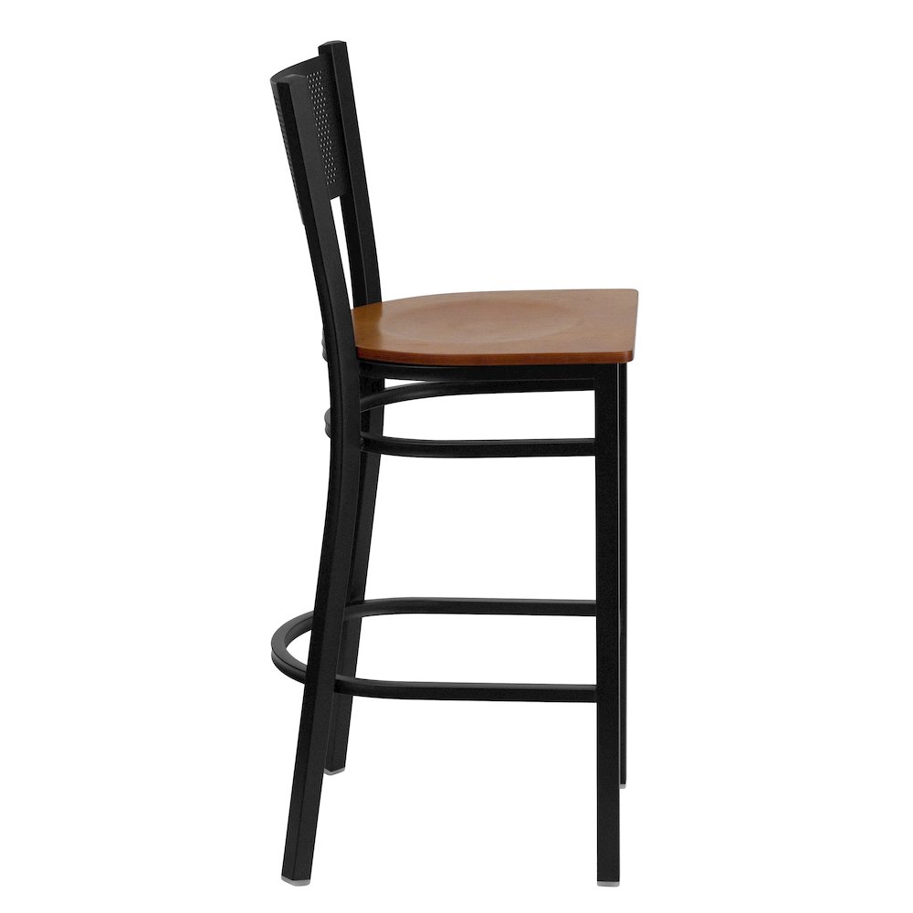 Black Grid Back Metal Restaurant Barstool - Cherry Wood Seat. Picture 2
