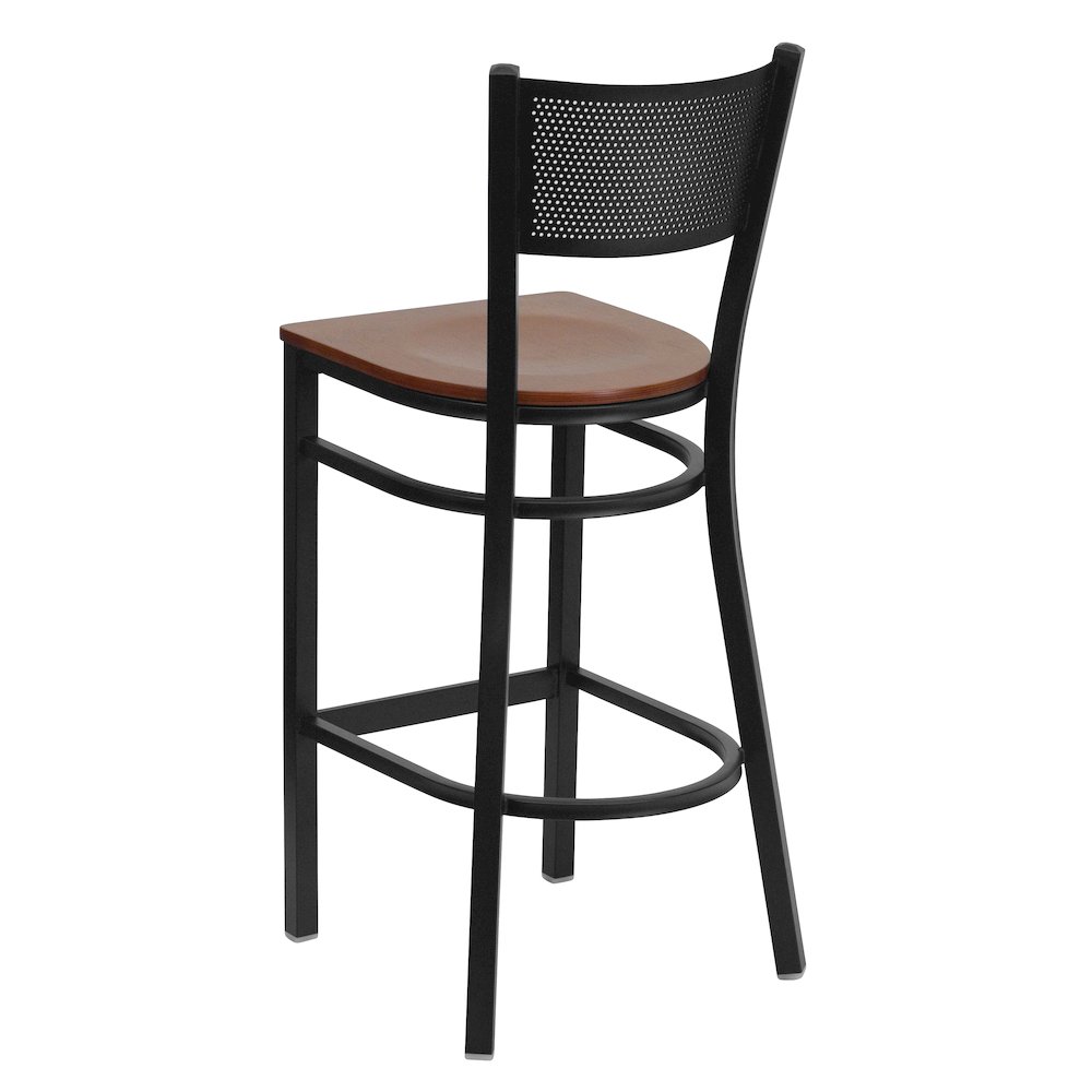 Black Grid Back Metal Restaurant Barstool - Cherry Wood Seat. Picture 3