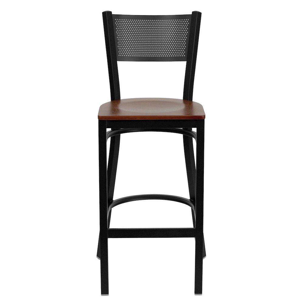 Black Grid Back Metal Restaurant Barstool - Cherry Wood Seat. Picture 4