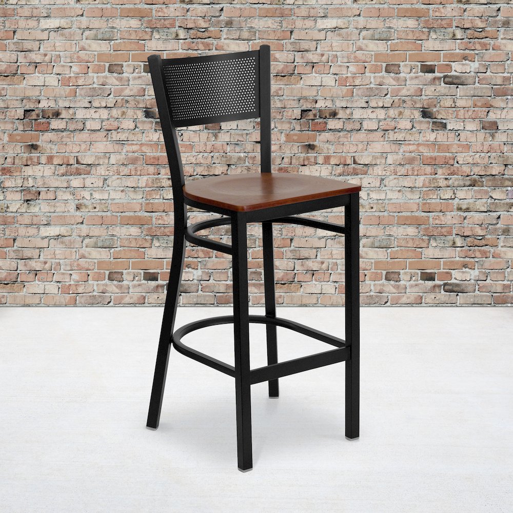 Black Grid Back Metal Restaurant Barstool - Cherry Wood Seat. Picture 5