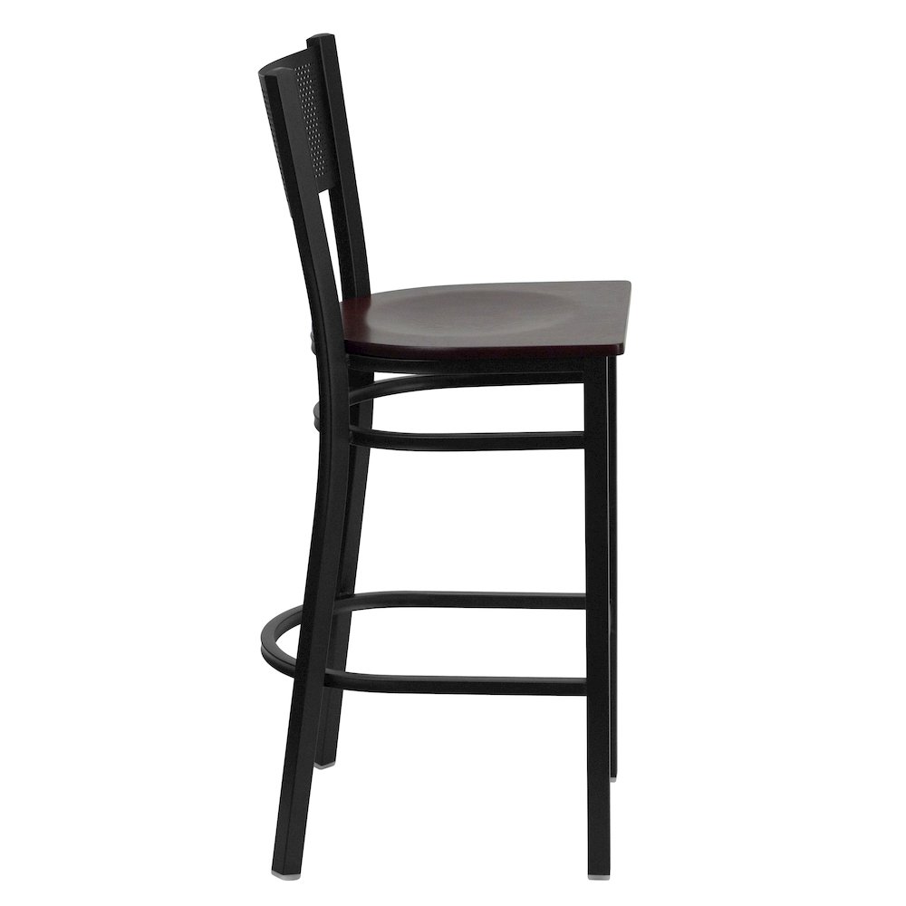 Black Grid Back Metal Restaurant Barstool - Mahogany Wood Seat. Picture 5