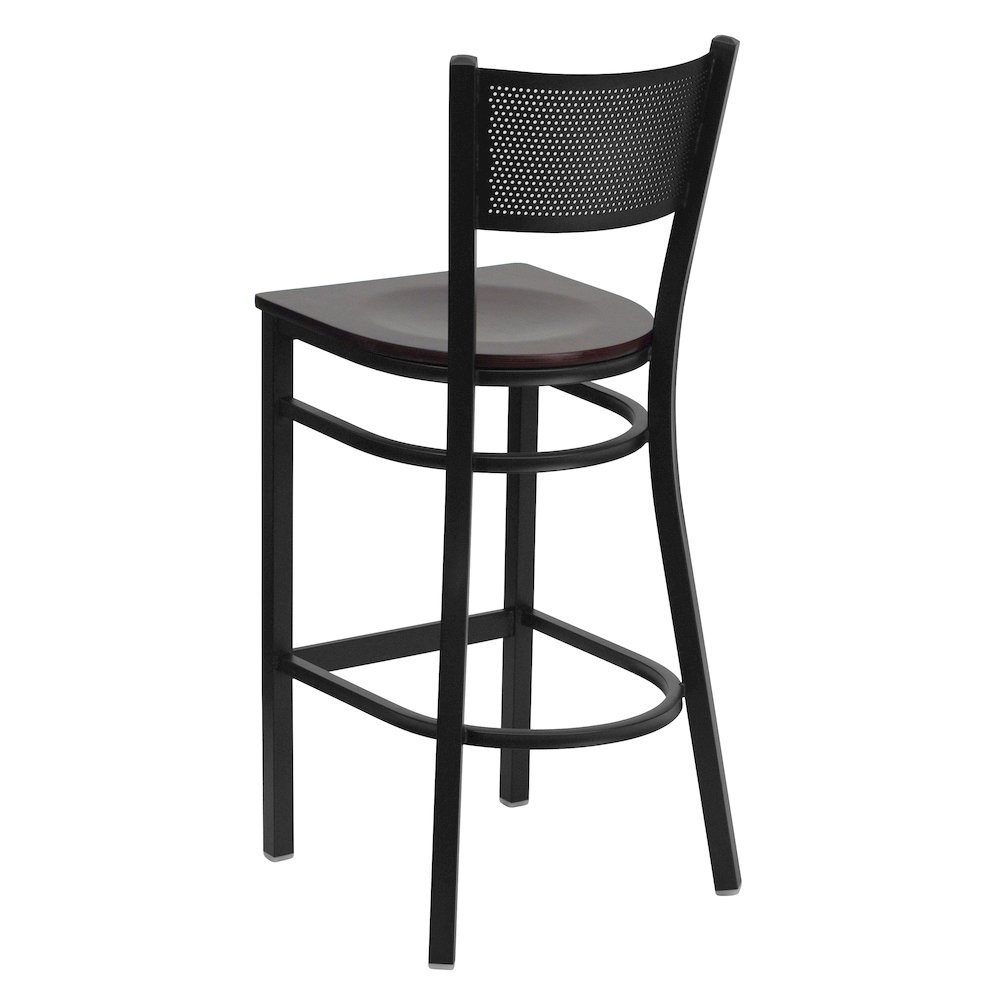 Black Grid Back Metal Restaurant Barstool - Mahogany Wood Seat. Picture 4