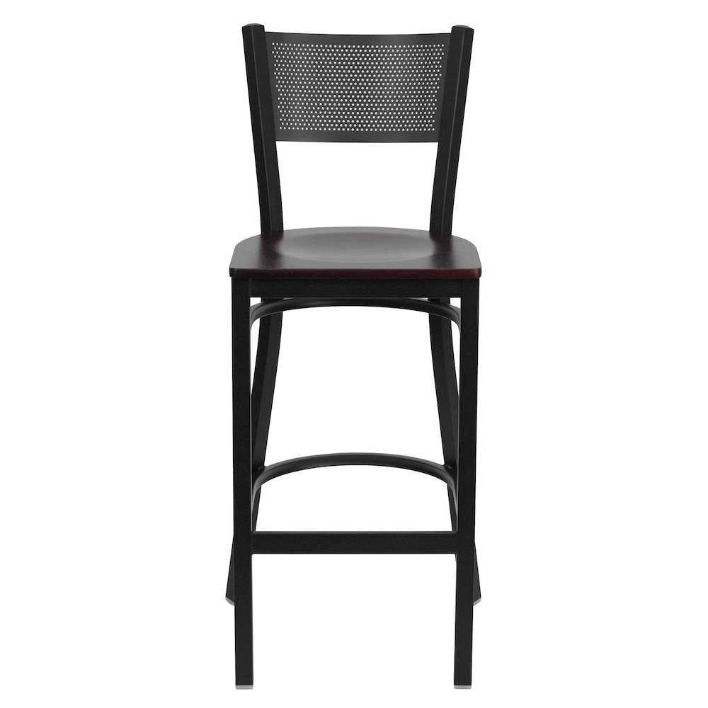 Black Grid Back Metal Restaurant Barstool - Mahogany Wood Seat. Picture 6
