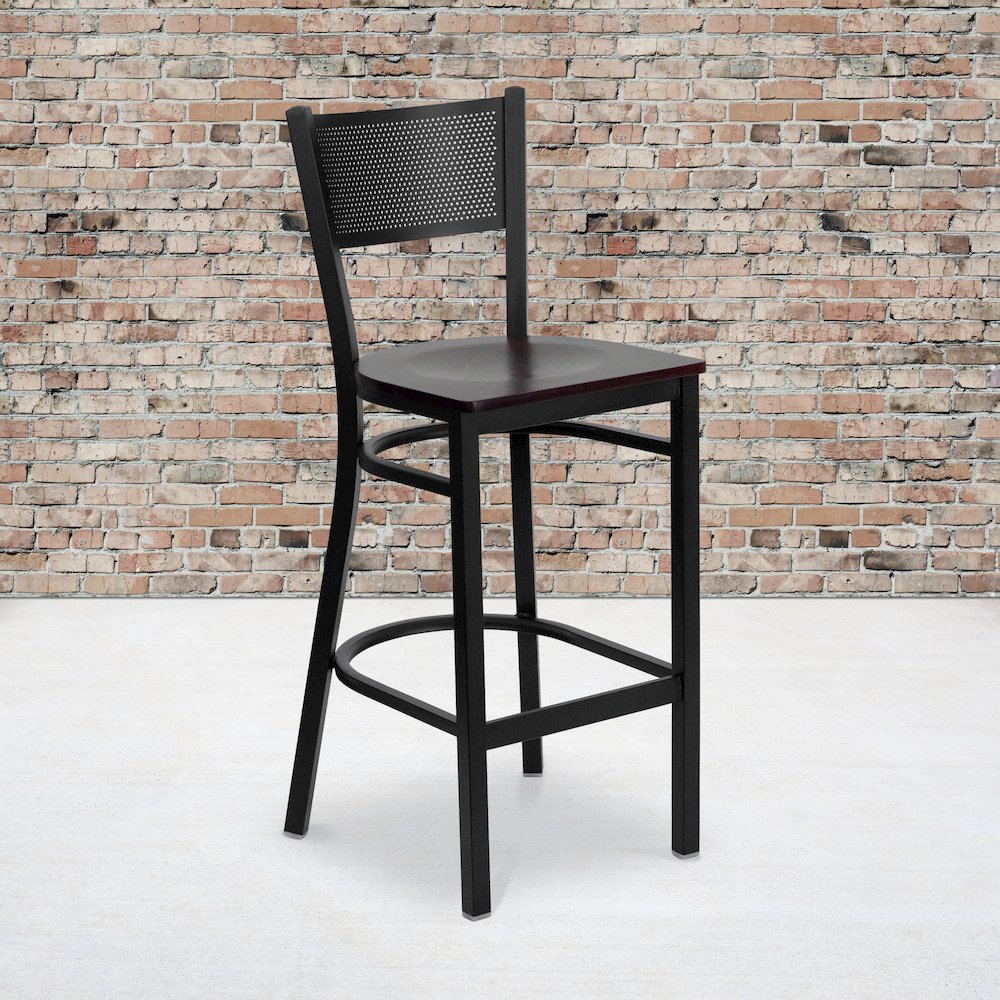 Black Grid Back Metal Restaurant Barstool - Mahogany Wood Seat. Picture 2