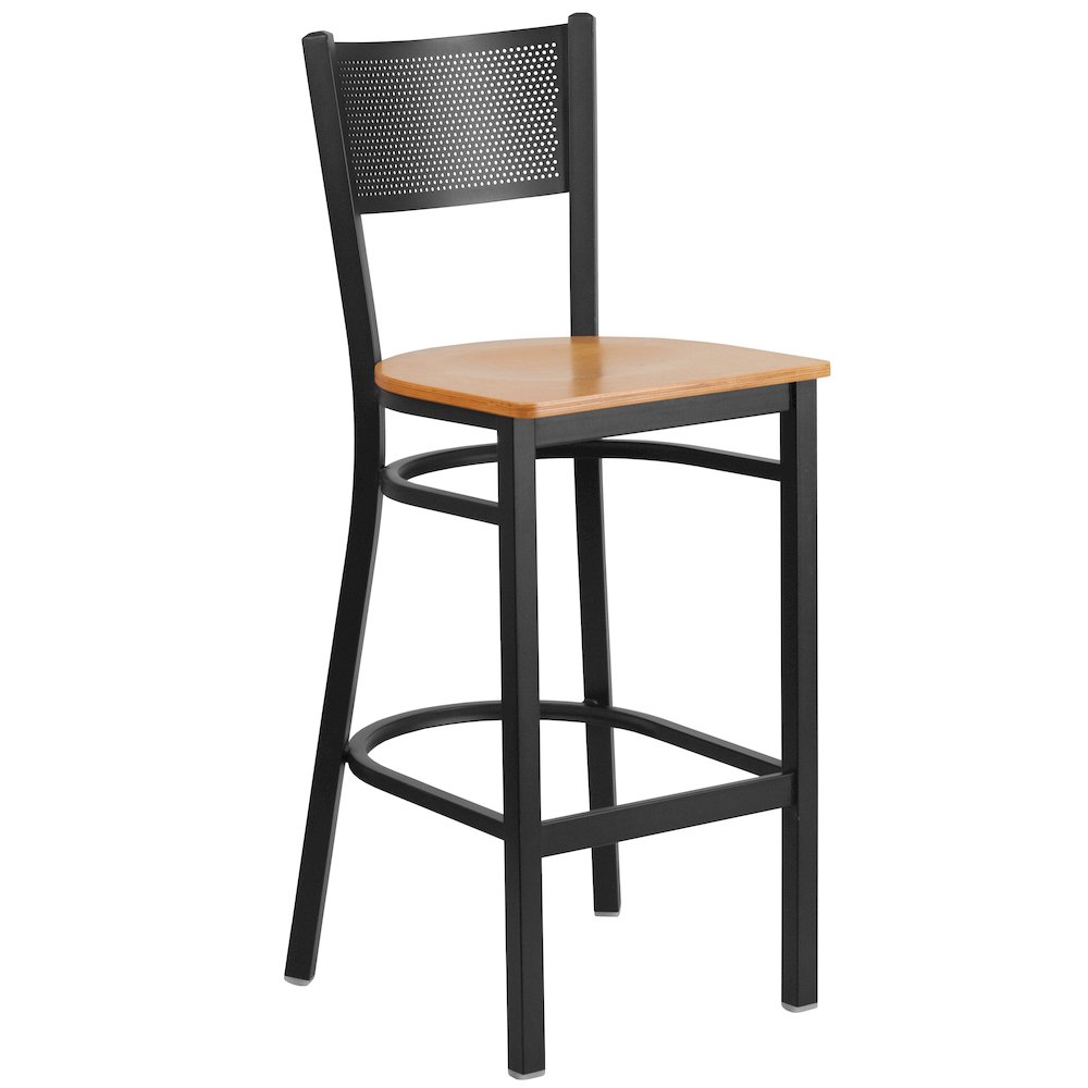 Black Grid Back Metal Restaurant Barstool - Natural Wood Seat. Picture 1