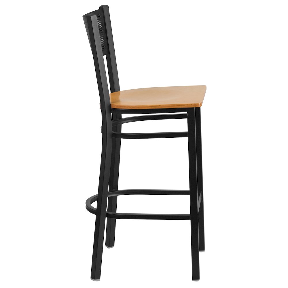 Black Grid Back Metal Restaurant Barstool - Natural Wood Seat. Picture 2
