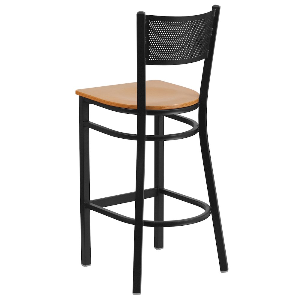Black Grid Back Metal Restaurant Barstool - Natural Wood Seat. Picture 3