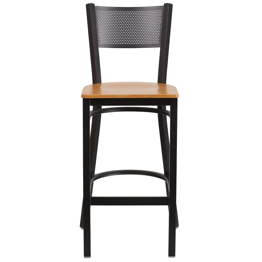 Black Grid Back Metal Restaurant Barstool - Natural Wood Seat. Picture 4
