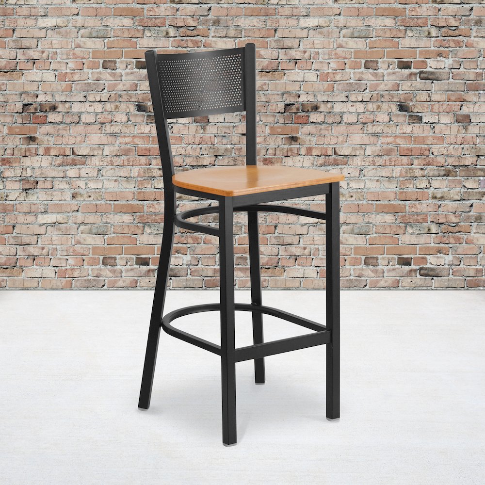 Black Grid Back Metal Restaurant Barstool - Natural Wood Seat. Picture 5