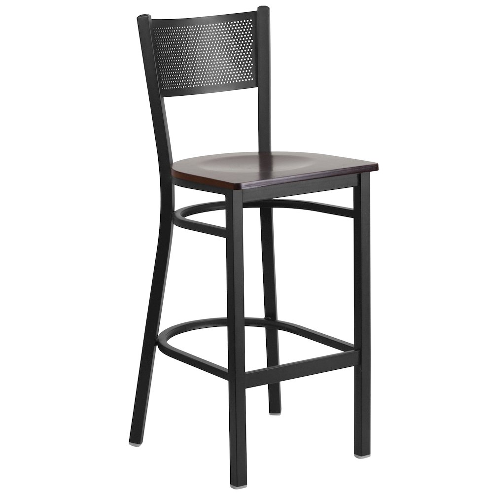 Black Grid Back Metal Restaurant Barstool - Walnut Wood Seat. Picture 1