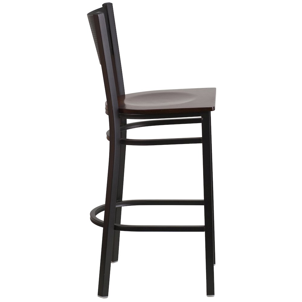 Black Grid Back Metal Restaurant Barstool - Walnut Wood Seat. Picture 5