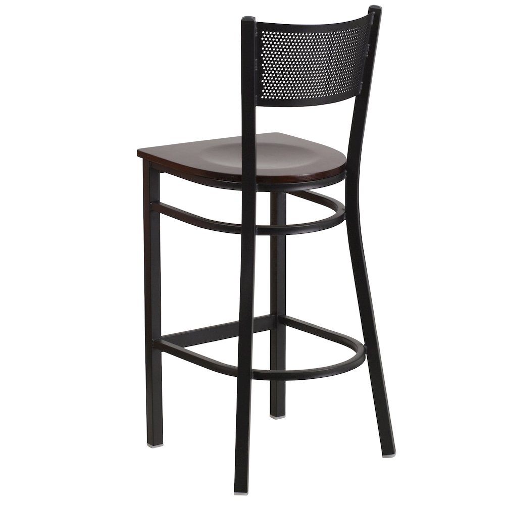 Black Grid Back Metal Restaurant Barstool - Walnut Wood Seat. Picture 4
