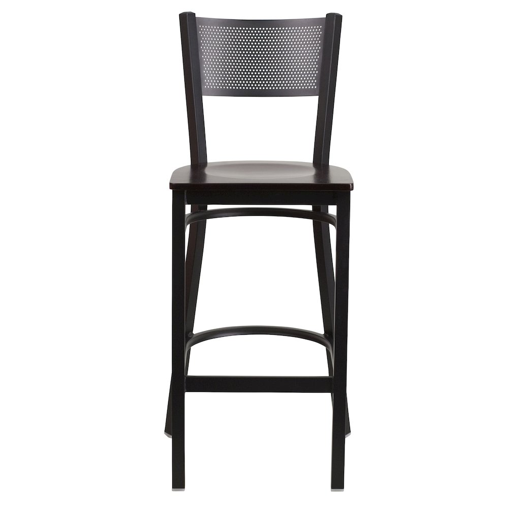 Black Grid Back Metal Restaurant Barstool - Walnut Wood Seat. Picture 6