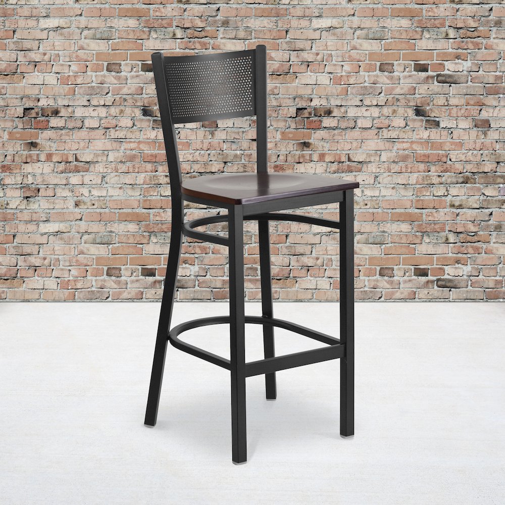 Black Grid Back Metal Restaurant Barstool - Walnut Wood Seat. Picture 2