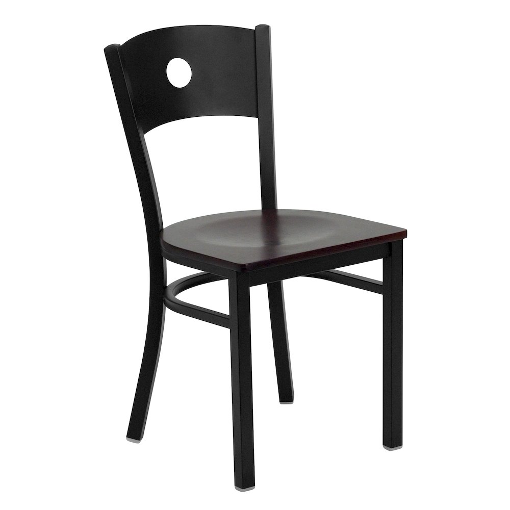 Black Circle Back Metal Restaurant Chair - Mahogany Wood Seat. Picture 1