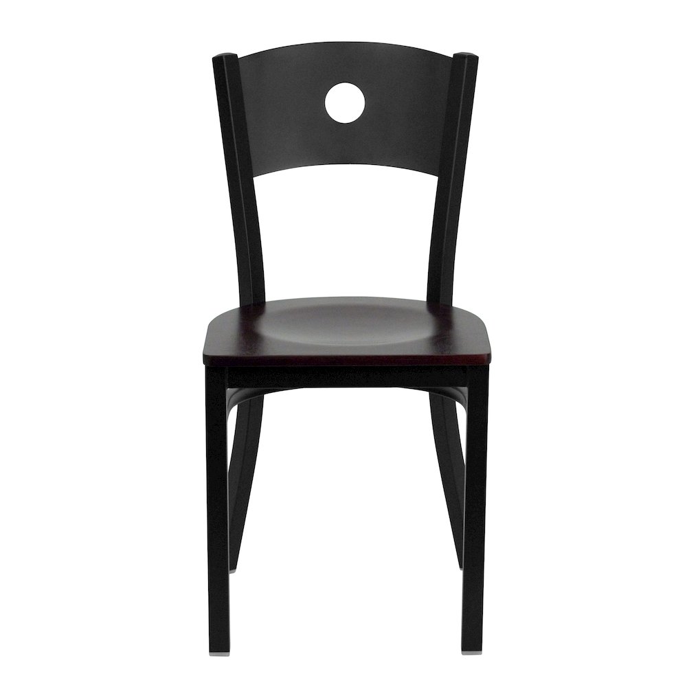 Black Circle Back Metal Restaurant Chair - Mahogany Wood Seat. Picture 6