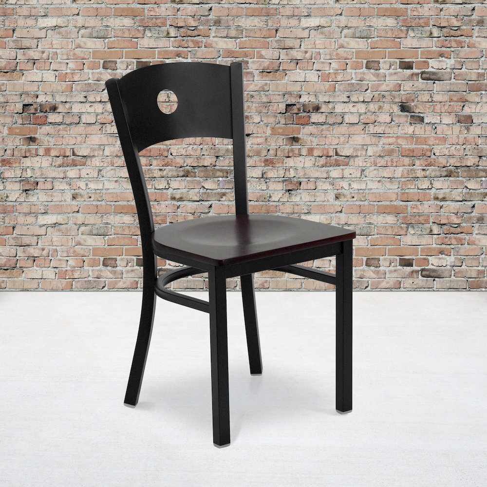Black Circle Back Metal Restaurant Chair - Mahogany Wood Seat. Picture 2