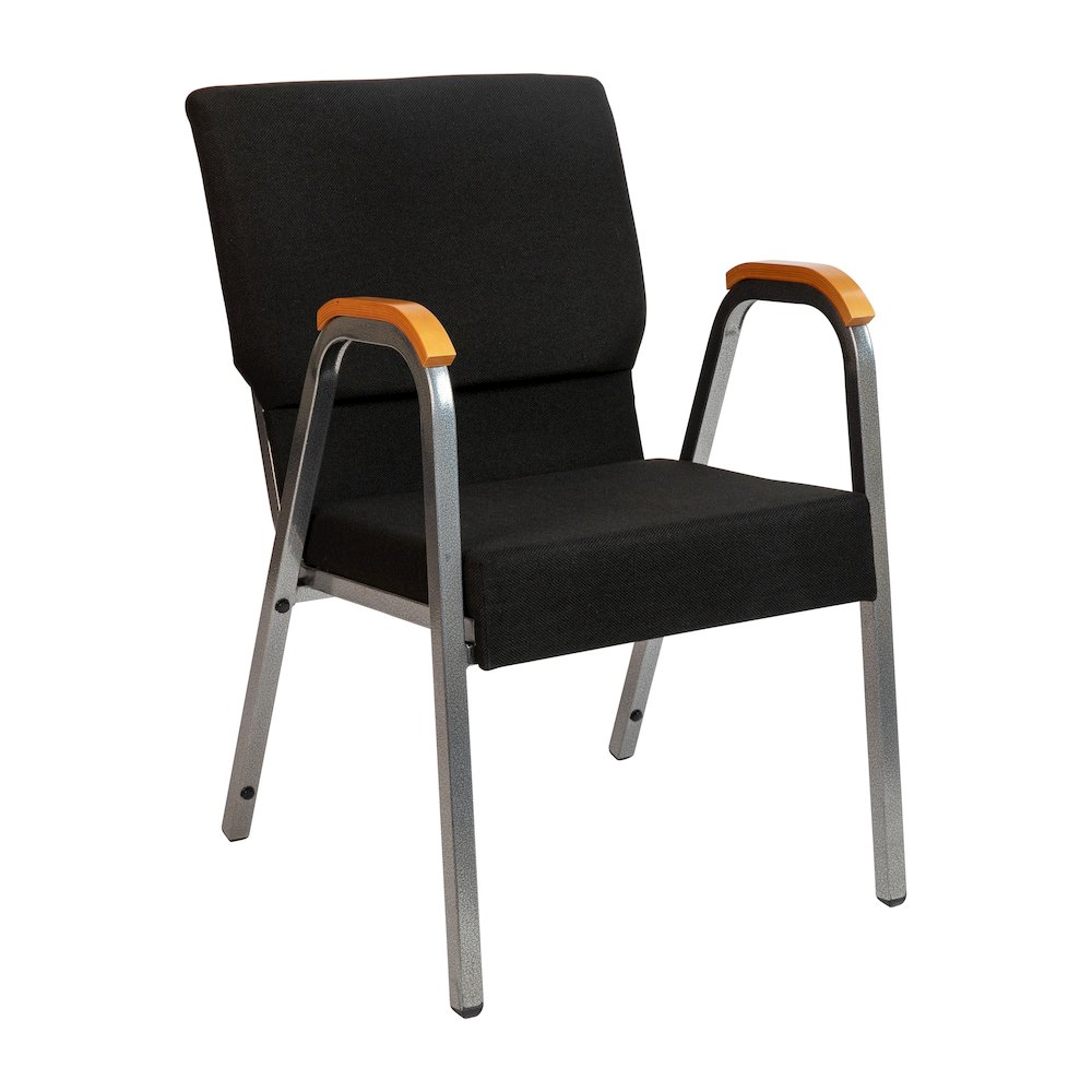 21"W Stacking Wood Accent Arm Church Chair in Black Fabric - Silver Vein Frame. Picture 1