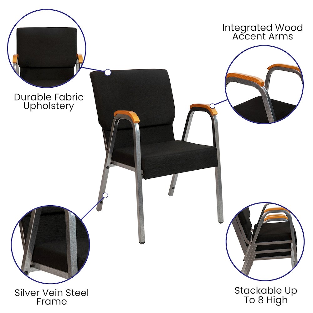 21"W Stacking Wood Accent Arm Church Chair in Black Fabric - Silver Vein Frame. Picture 4