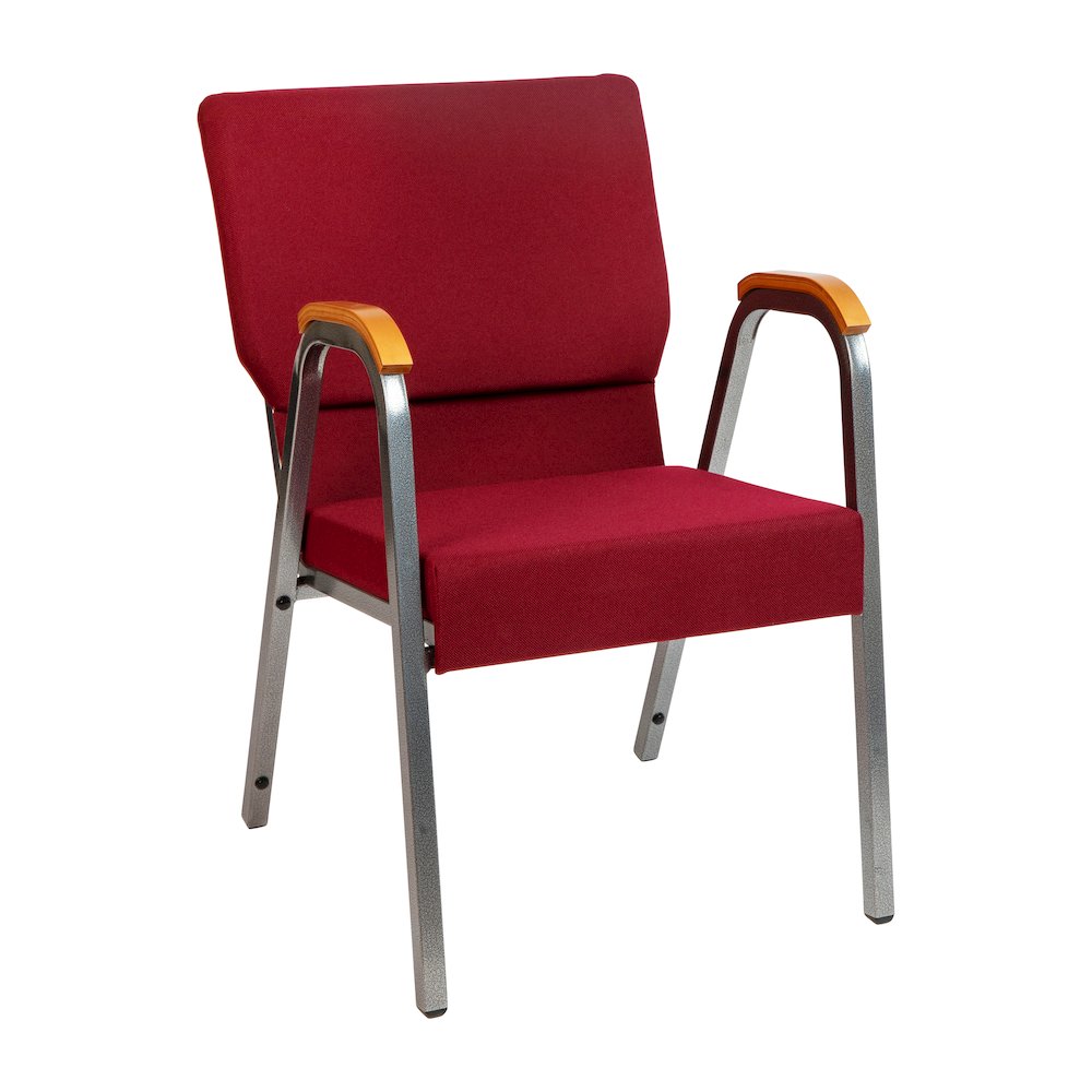 21"W Stacking Wood Arm Church Chair in Burgundy Fabric - Silver Vein Frame. Picture 1