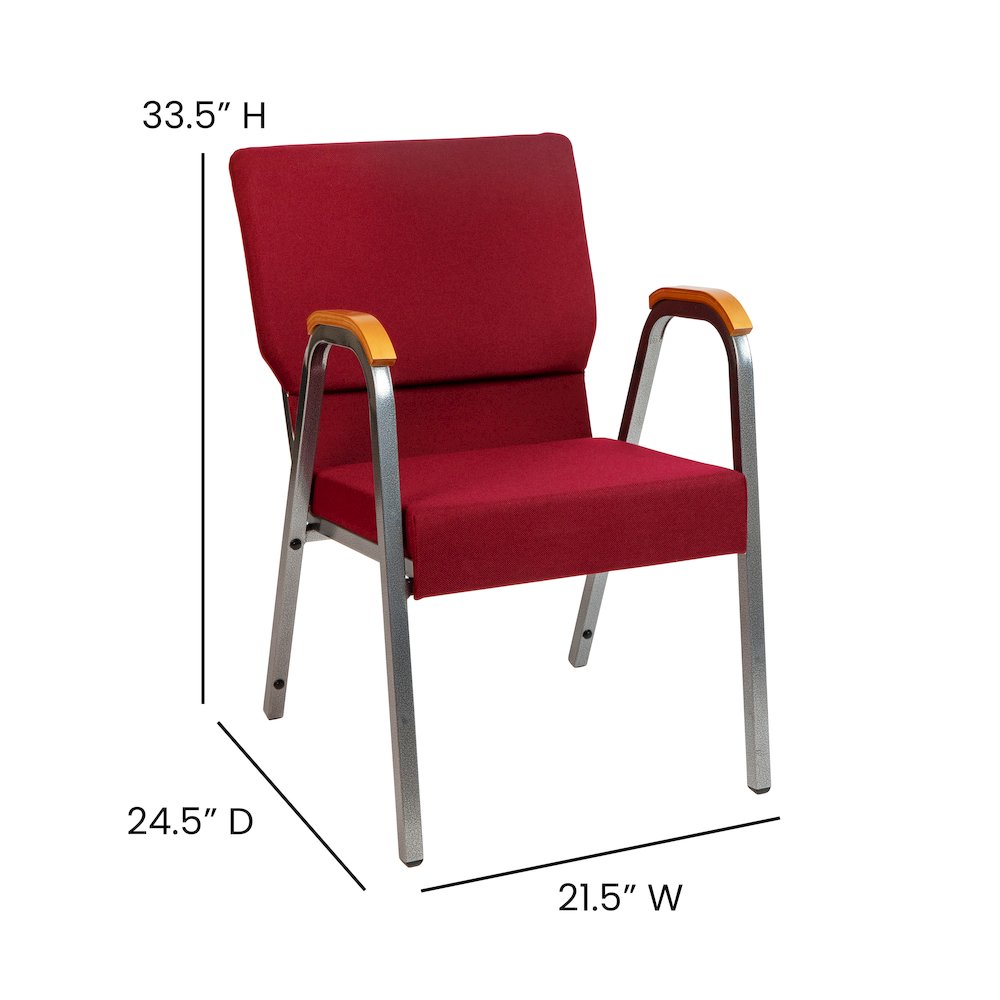 21"W Stacking Wood Arm Church Chair in Burgundy Fabric - Silver Vein Frame. Picture 5