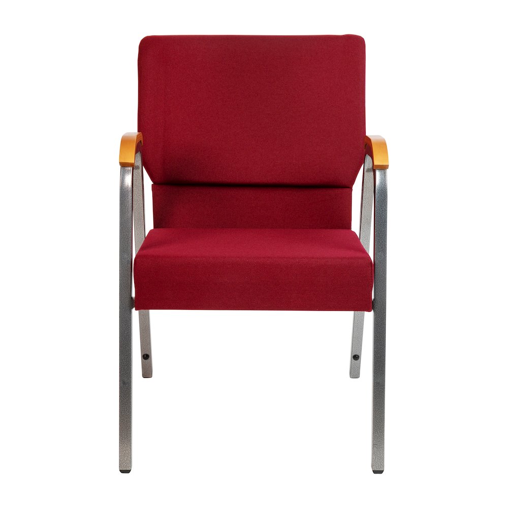 21"W Stacking Wood Arm Church Chair in Burgundy Fabric - Silver Vein Frame. Picture 9