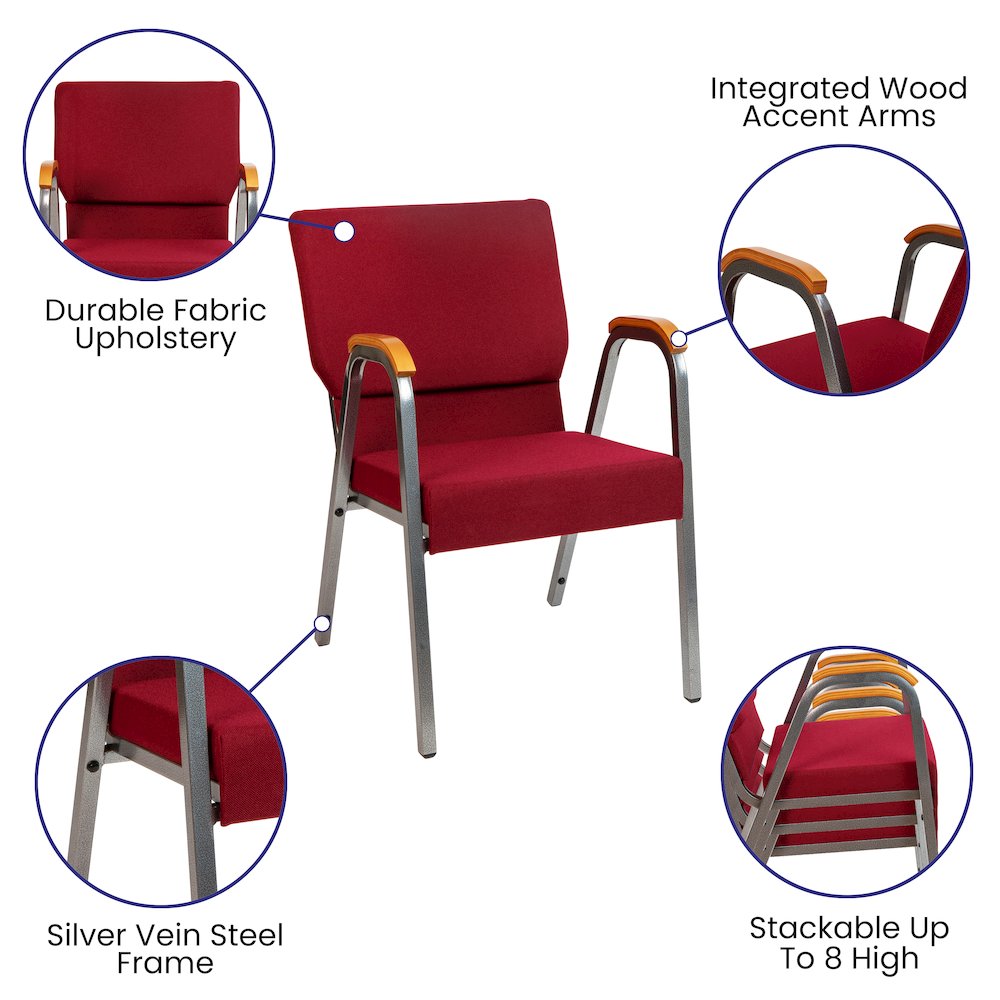 21"W Stacking Wood Arm Church Chair in Burgundy Fabric - Silver Vein Frame. Picture 4