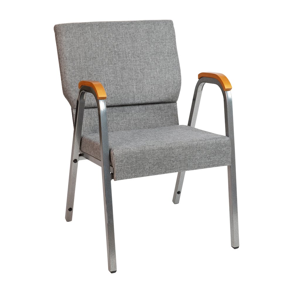 21"W Stacking Wood Accent Arm Church Chair in Gray Fabric - Silver Vein Frame. Picture 1
