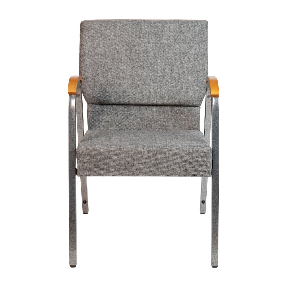 21"W Stacking Wood Accent Arm Church Chair in Gray Fabric - Silver Vein Frame. Picture 9