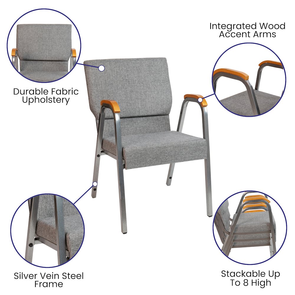 21"W Stacking Wood Accent Arm Church Chair in Gray Fabric - Silver Vein Frame. Picture 4