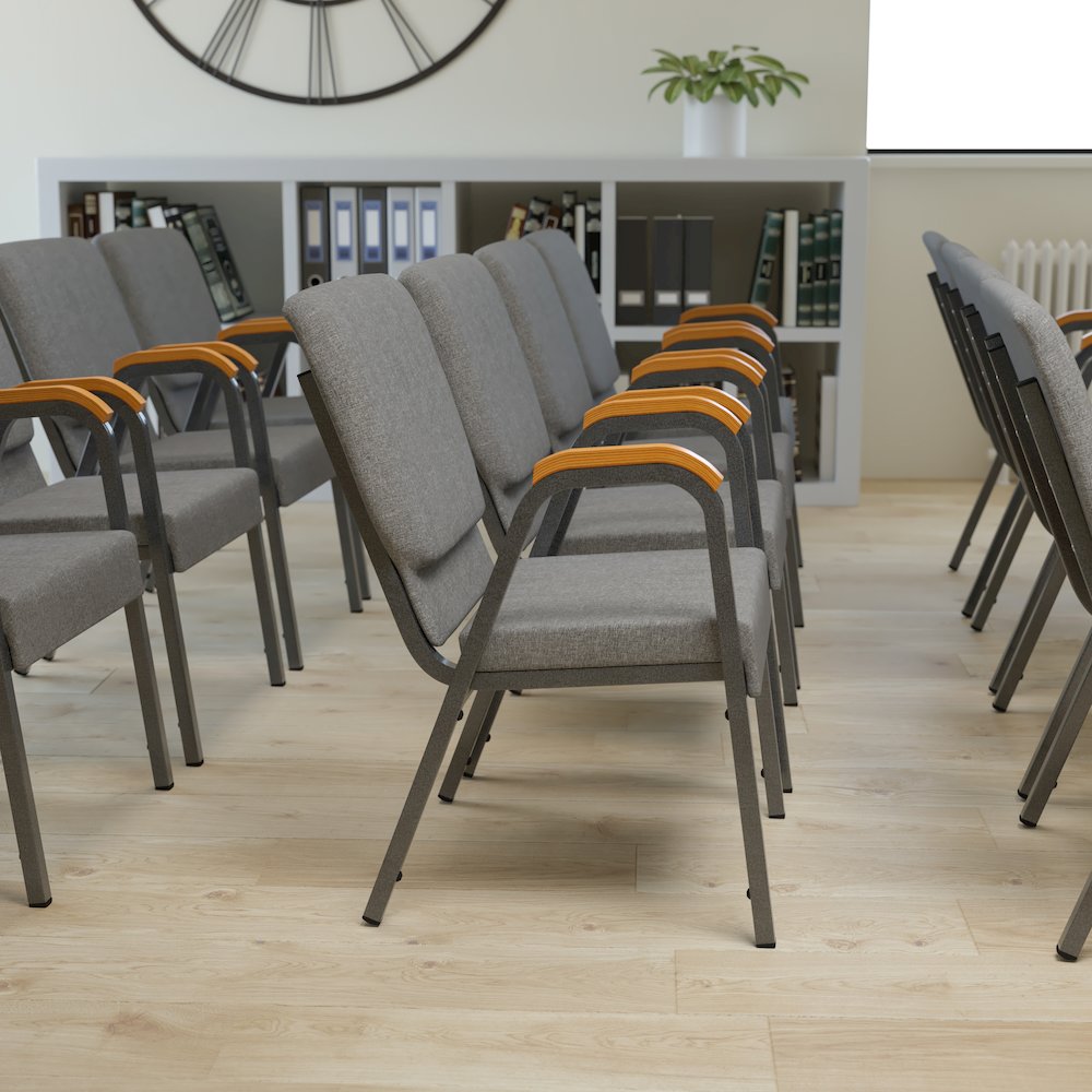 21"W Stacking Wood Accent Arm Church Chair in Gray Fabric - Silver Vein Frame. Picture 2