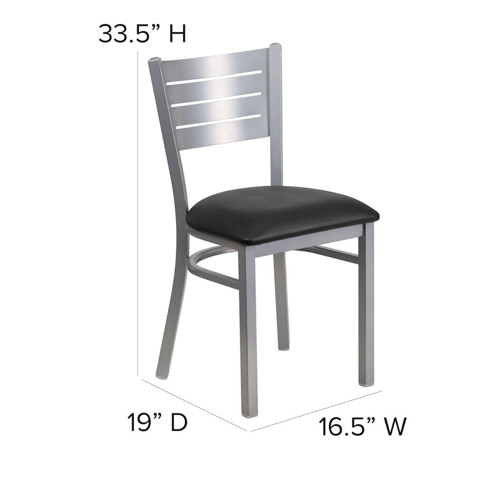 Silver Slat Back Metal Restaurant Chair - Black Vinyl Seat. Picture 6