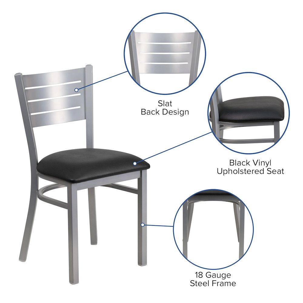 Silver Slat Back Metal Restaurant Chair - Black Vinyl Seat. Picture 5