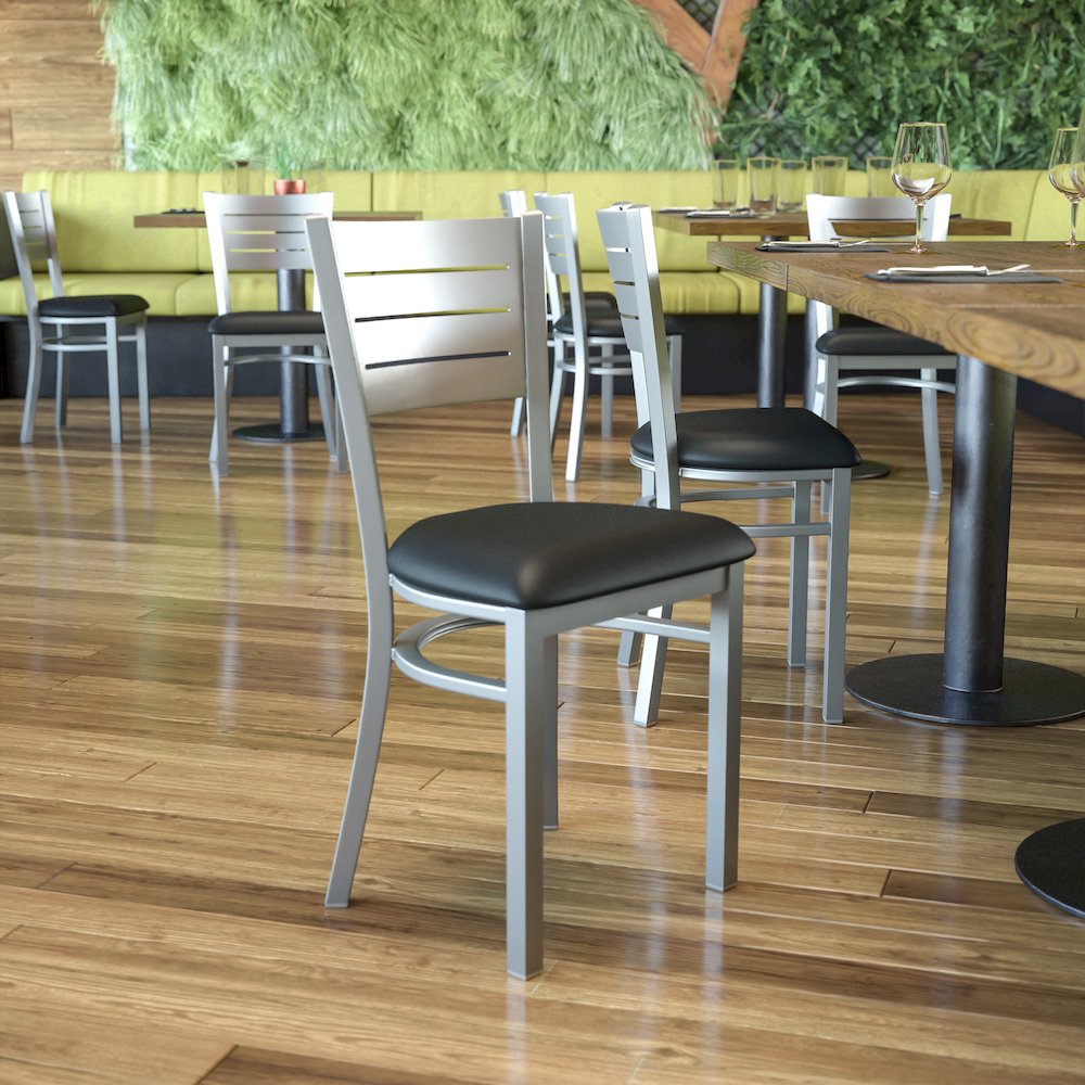 Silver Slat Back Metal Restaurant Chair - Black Vinyl Seat. Picture 7
