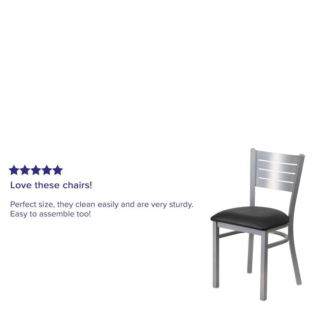 Silver Slat Back Metal Restaurant Chair - Black Vinyl Seat. Picture 8