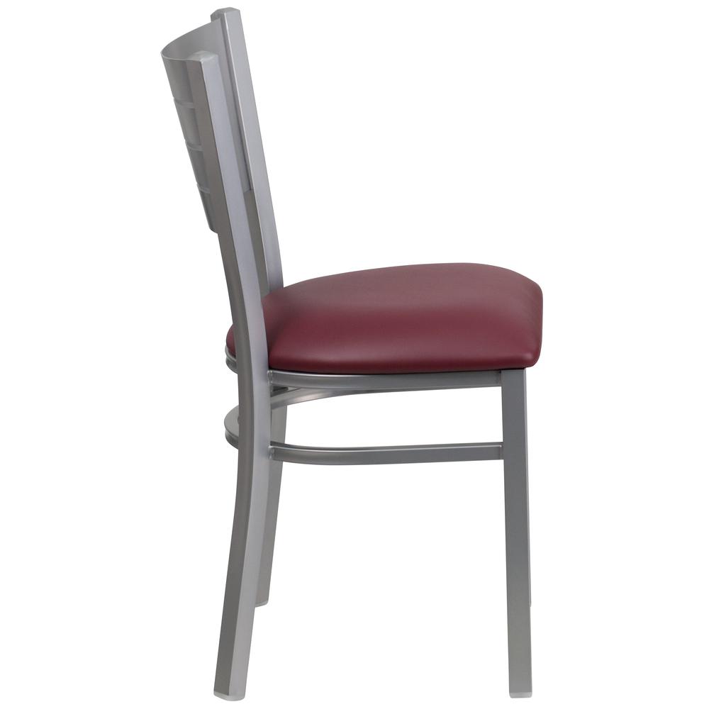 Silver Slat Back Metal Restaurant Chair - Burgundy Vinyl Seat. Picture 2