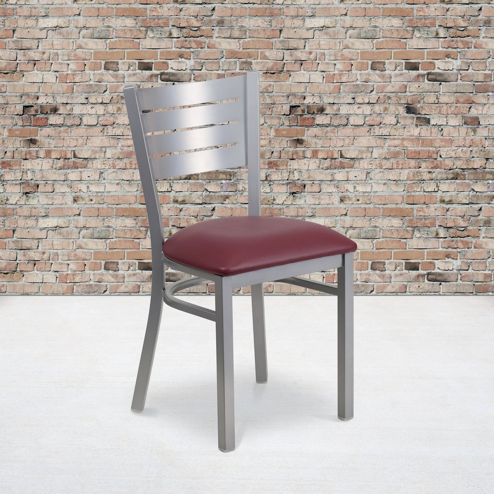 Silver Slat Back Metal Restaurant Chair - Burgundy Vinyl Seat. Picture 5