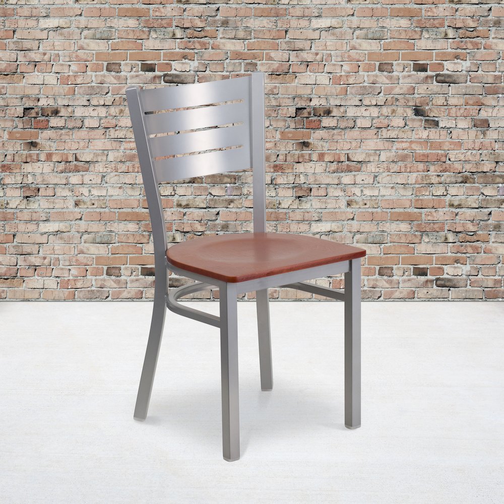 Silver Slat Back Metal Restaurant Chair - Cherry Wood Seat. Picture 5