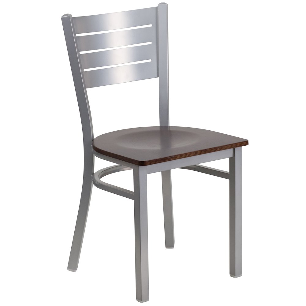 Silver Slat Back Metal Restaurant Chair - Walnut Wood Seat. Picture 1