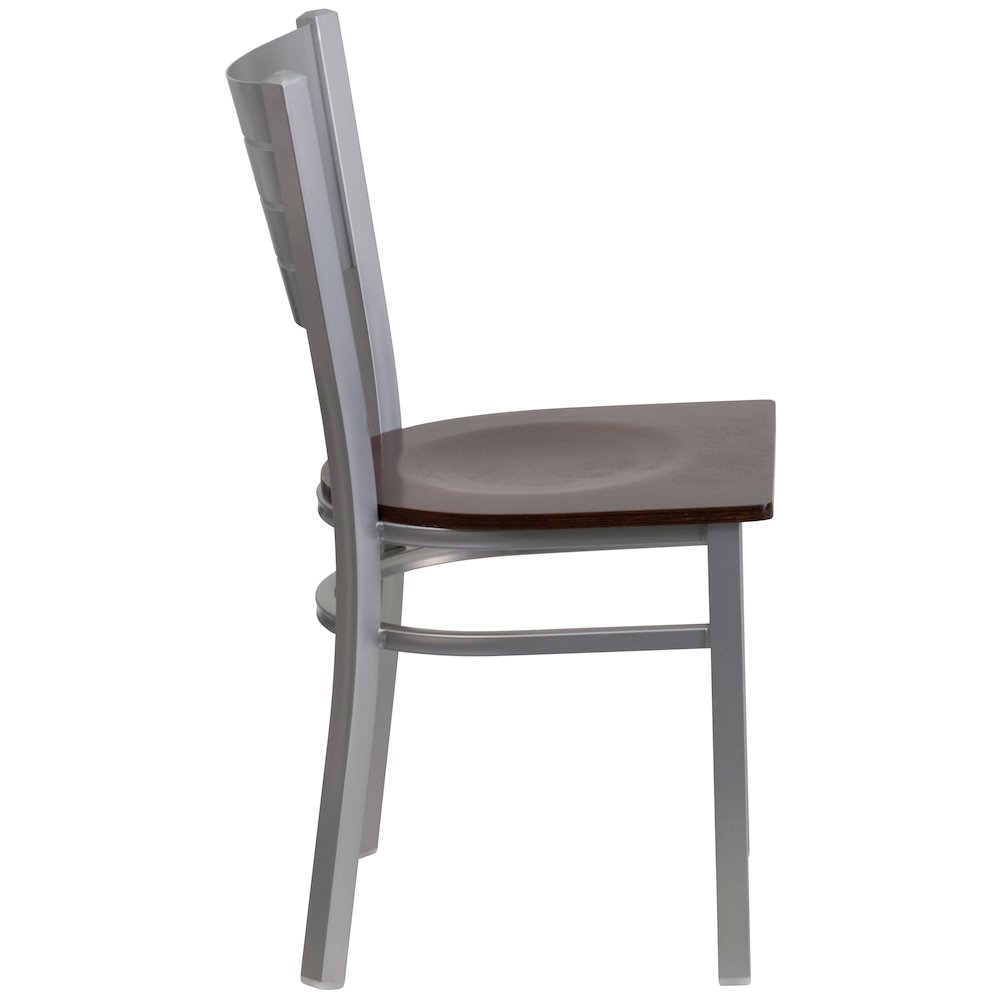 Silver Slat Back Metal Restaurant Chair - Walnut Wood Seat. Picture 5