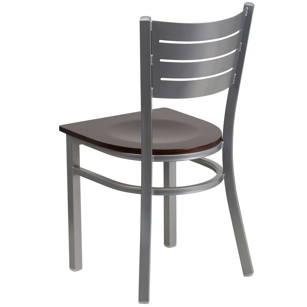 Silver Slat Back Metal Restaurant Chair - Walnut Wood Seat. Picture 4